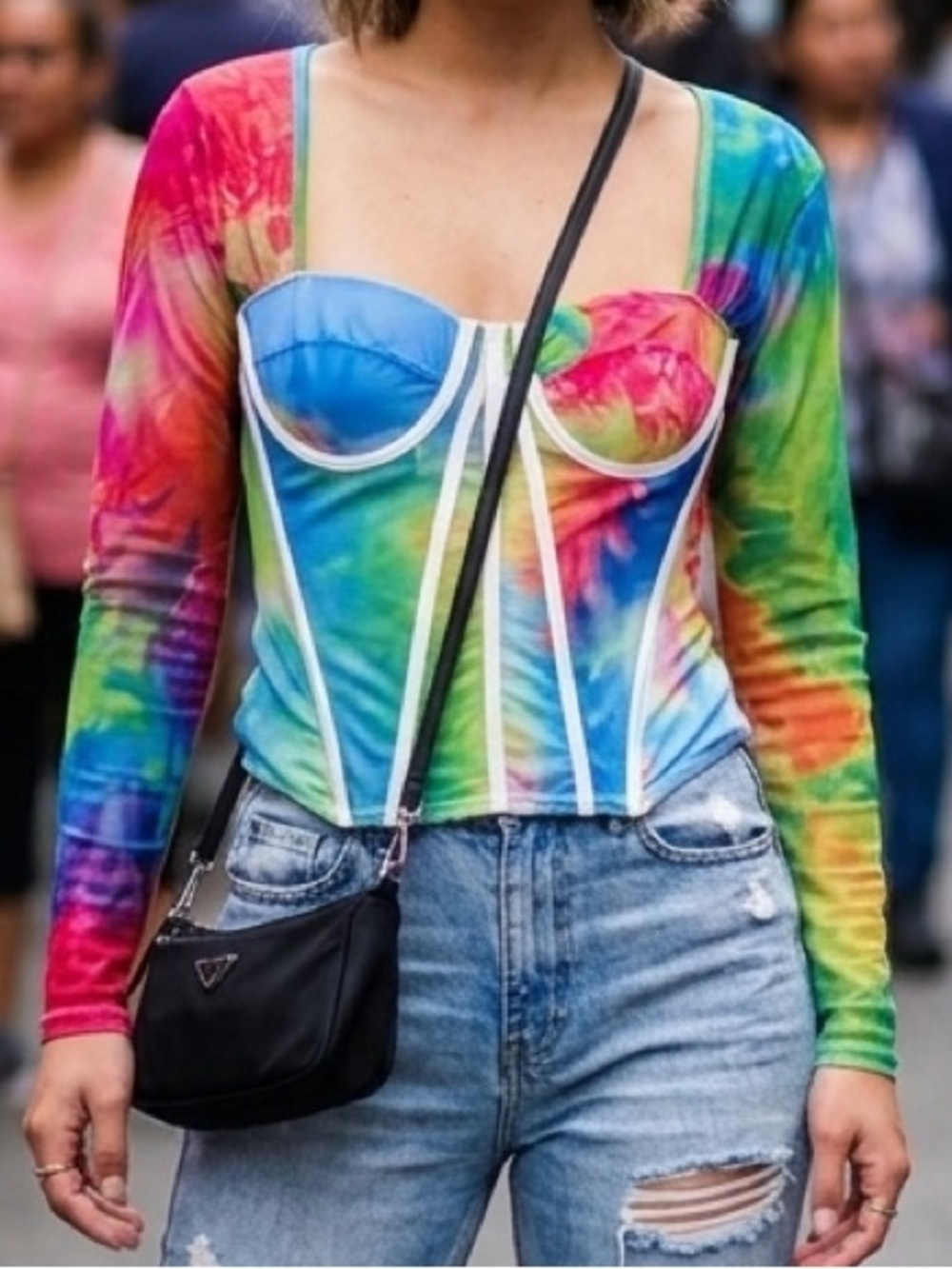 AKIRA Rainbow Tie-Dye Mesh Corset Top with Underwire